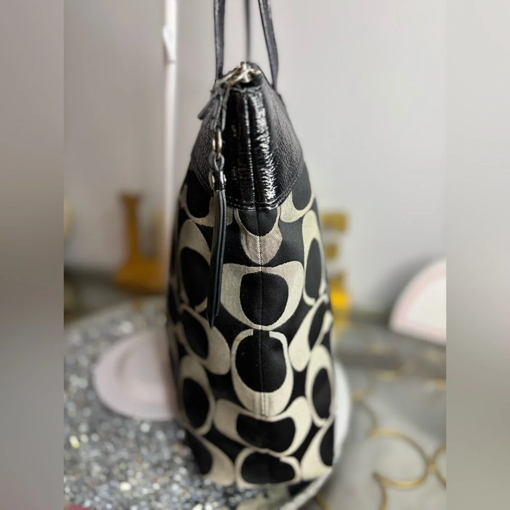 Coach Black and Khaki Signature Canvas Tote with Patent Trim